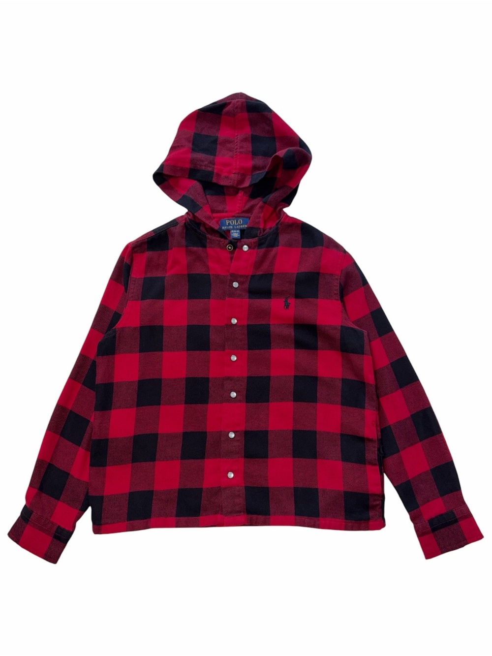 Polo Ralph Lauren Boys Hooded Flannel Pearl Snap Button Down Plaid Medium 10/12